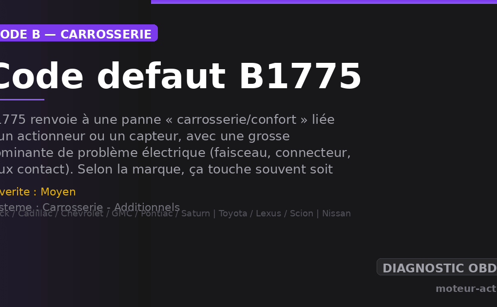 Code défaut B1775 : B1775 renvoie à une panne « carrosserie/confort » liée à un actionneur ou un capteur, avec une grosse dominante de problème électrique (faisceau, connecteur, faux contact)