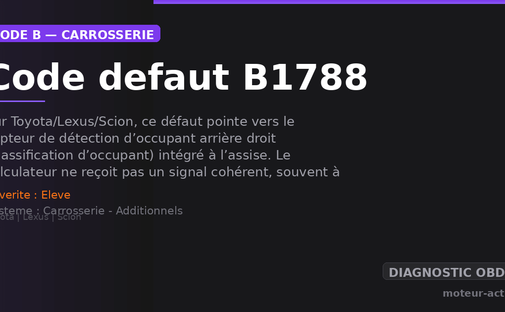 Code défaut B1788 : Sur Toyota/Lexus/Scion, ce défaut pointe vers le capteur de détection d’occupant arrière droit (classification d’occupant) intégré à l’assise