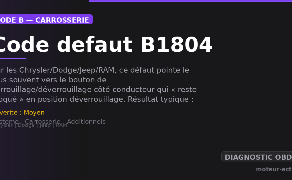 Code défaut B1804 : Sur les Chrysler/Dodge/Jeep/RAM, ce défaut pointe le plus souvent vers le bouton de verrouillage/déverrouillage côté conducteur qui « reste bloqué » en position déverrouillage