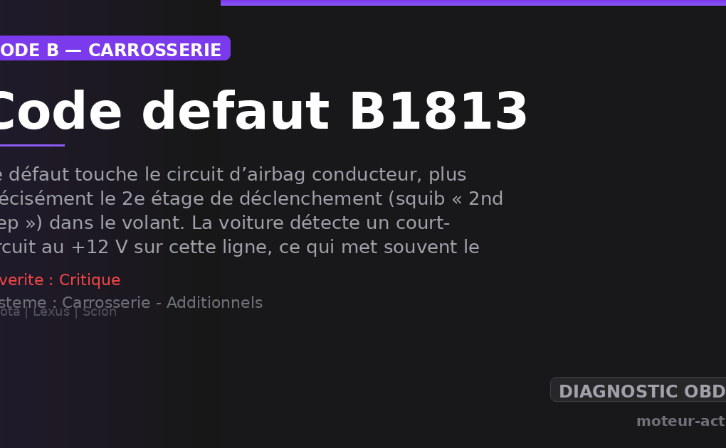 Code défaut B1813 : Ce défaut touche le circuit d’airbag conducteur, plus précisément le 2e étage de déclenchement (squib « 2nd step ») dans le volant