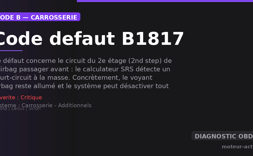 Code défaut B1817 : Ce défaut concerne le circuit du 2e étage (2nd step) de l’airbag passager avant : le calculateur SRS détecte un court-circuit à la masse