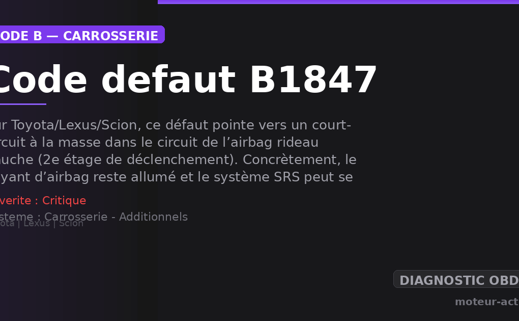 Code défaut B1847 : Sur Toyota/Lexus/Scion, ce défaut pointe vers un court-circuit à la masse dans le circuit de l’airbag rideau gauche (2e étage de déclenchement)