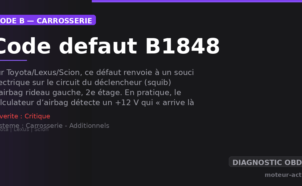 Code défaut B1848 : Sur Toyota/Lexus/Scion, ce défaut renvoie à un souci électrique sur le circuit du déclencheur (squib) d’airbag rideau gauche, 2e étage