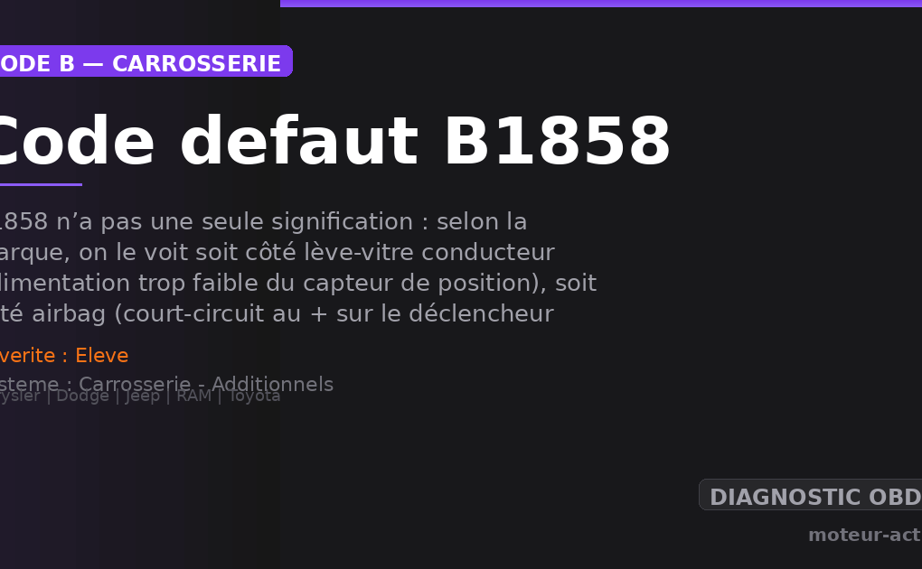 Code défaut B1858 : B1858 n’a pas une seule signification : selon la marque, on le voit soit côté lève-vitre conducteur (alimentation trop faible du capteur de position), soit côté airbag (court-circuit au + sur le déclencheur d’airbag latéral arrière gauche), soit plus rarement côté clim (contacteur de pression A/C)