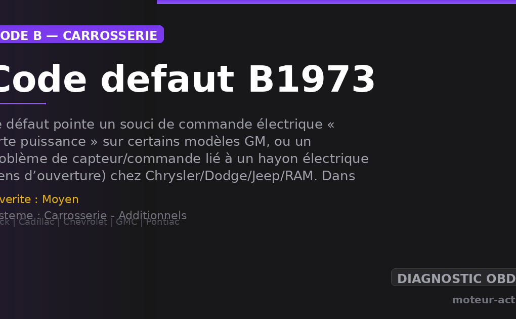 Code défaut B1973 : Ce défaut pointe un souci de commande électrique « forte puissance » sur certains modèles GM, ou un problème de capteur/commande lié à un hayon électrique (sens d’ouverture) chez Chrysler/Dodge/Jeep/RAM