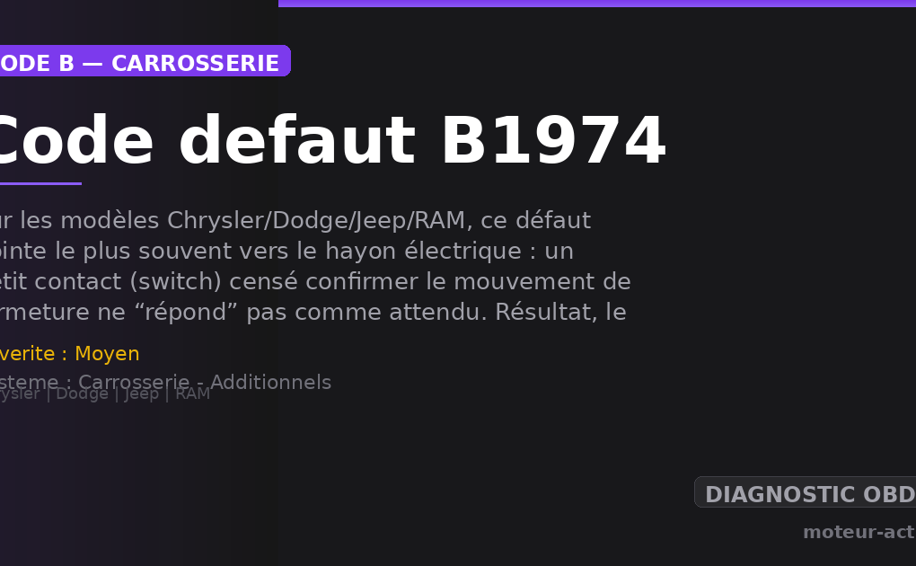 Code défaut B1974 : Sur les modèles Chrysler/Dodge/Jeep/RAM, ce défaut pointe le plus souvent vers le hayon électrique : un petit contact (switch) censé confirmer le mouvement de fermeture ne “répond” pas comme attendu