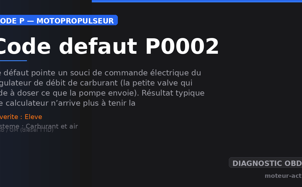 Code défaut P0002 : Ce défaut pointe un souci de commande électrique du régulateur de débit de carburant (la petite valve qui aide à doser ce que la pompe envoie)