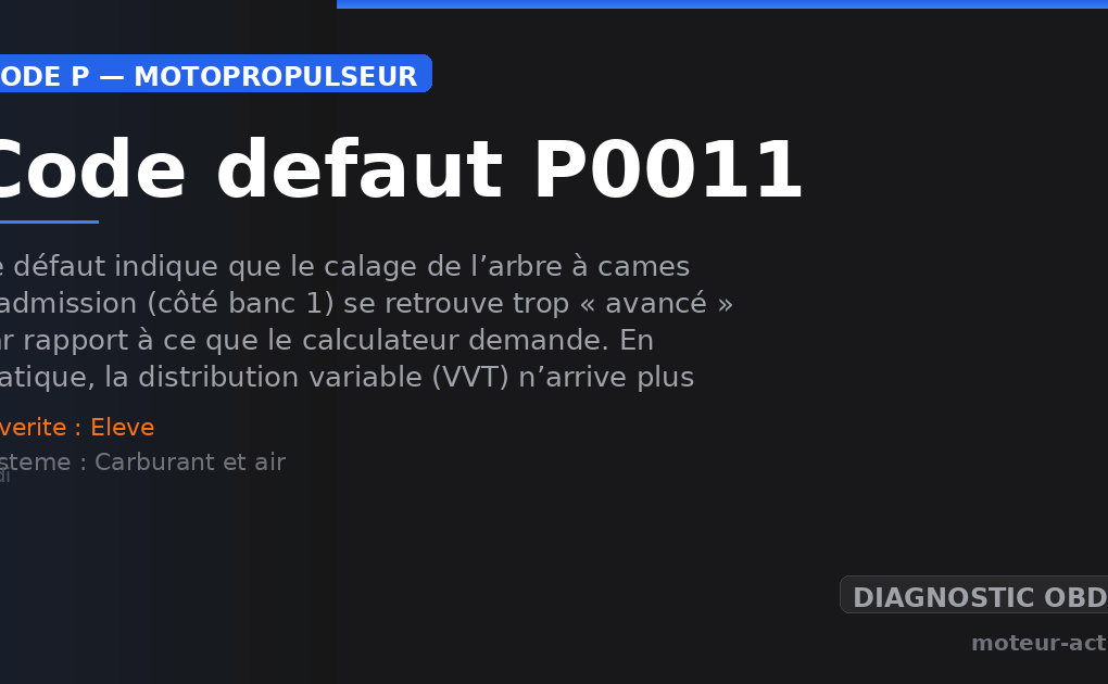 Code défaut P0011 : Ce défaut indique que le calage de l’arbre à cames d’admission (côté banc 1) se retrouve trop « avancé » par rapport à ce que le calculateur demande