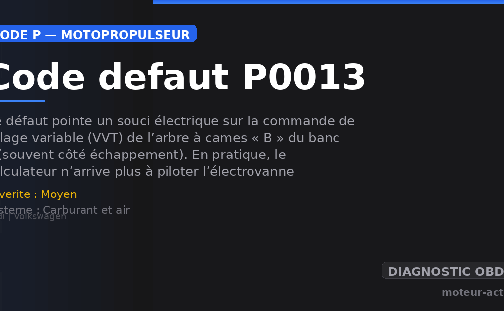 Code défaut P0013 : Ce défaut pointe un souci électrique sur la commande de calage variable (VVT) de l’arbre à cames « B » du banc 1 (souvent côté échappement)