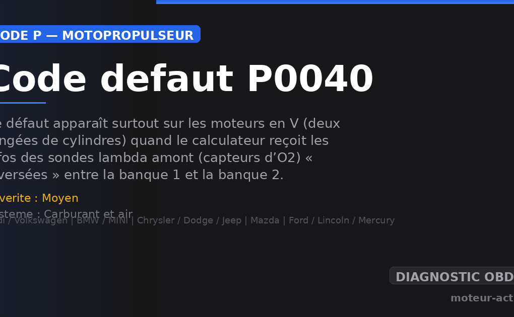 Code défaut P0040 : Ce défaut apparaît surtout sur les moteurs en V (deux rangées de cylindres) quand le calculateur reçoit les infos des sondes lambda amont (capteurs d’O2) « inversées » entre la banque 1 et la banque 2