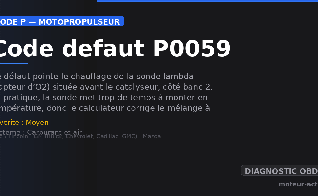 Code défaut P0059 : Ce défaut pointe le chauffage de la sonde lambda (capteur d’O2) située avant le catalyseur, côté banc 2