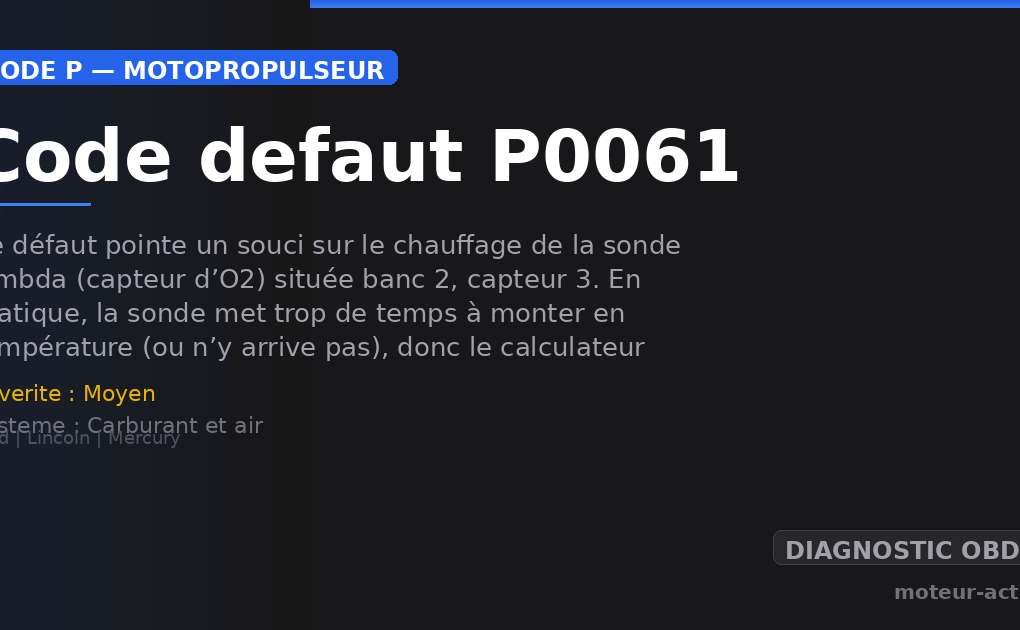 Code défaut P0061 : Ce défaut pointe un souci sur le chauffage de la sonde lambda (capteur d’O2) située banc 2, capteur 3