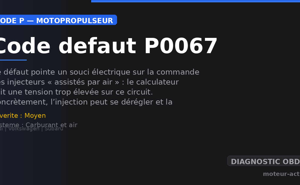 Code défaut P0067 : Ce défaut pointe un souci électrique sur la commande des injecteurs « assistés par air » : le calculateur voit une tension trop élevée sur ce circuit