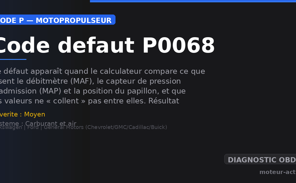 Code défaut P0068 : Ce défaut apparaît quand le calculateur compare ce que disent le débitmètre (MAF), le capteur de pression d’admission (MAP) et la position du papillon, et que les valeurs ne « collent » pas entre elles