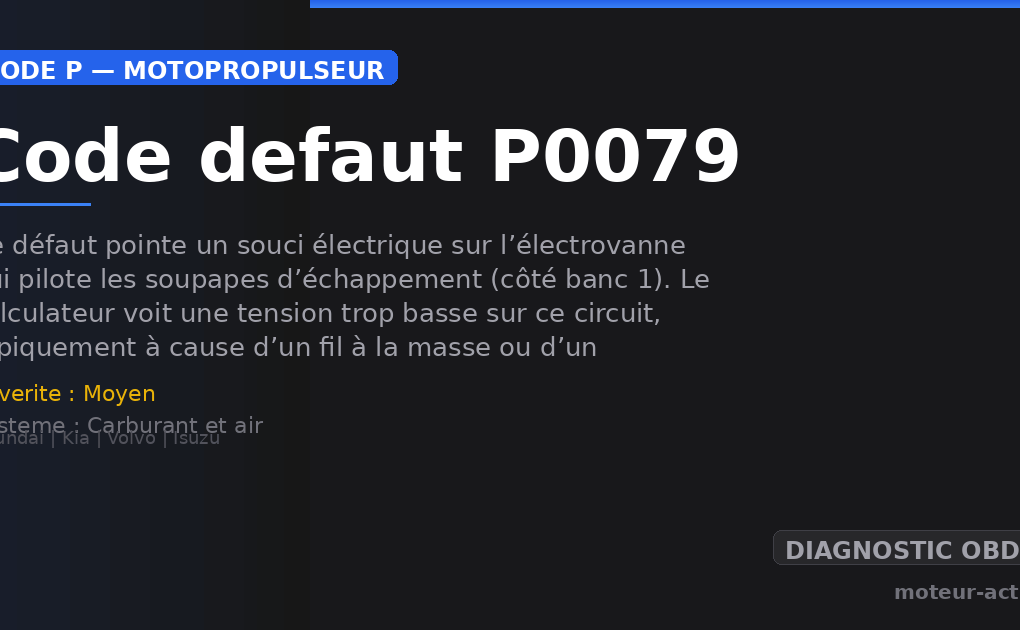 Code défaut P0079 : Ce défaut pointe un souci électrique sur l’électrovanne qui pilote les soupapes d’échappement (côté banc 1)