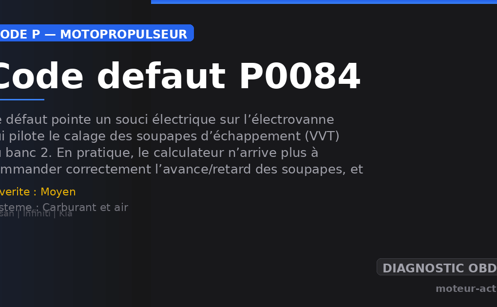 Code défaut P0084 : Ce défaut pointe un souci électrique sur l’électrovanne qui pilote le calage des soupapes d’échappement (VVT) du banc 2