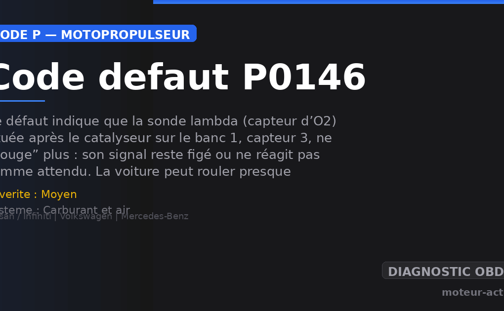 Code défaut P0146 : Ce défaut indique que la sonde lambda (capteur d’O2) située après le catalyseur sur le banc 1, capteur 3, ne “bouge” plus : son signal reste figé ou ne réagit pas comme attendu