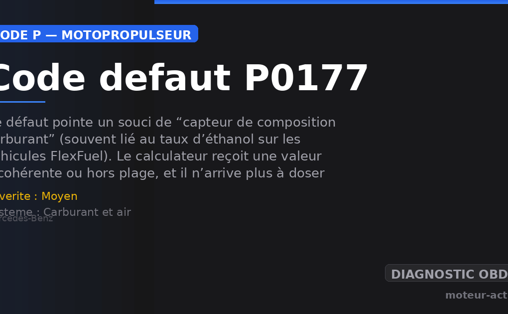 Code défaut P0177 : Ce défaut pointe un souci de “capteur de composition carburant” (souvent lié au taux d’éthanol sur les véhicules FlexFuel)