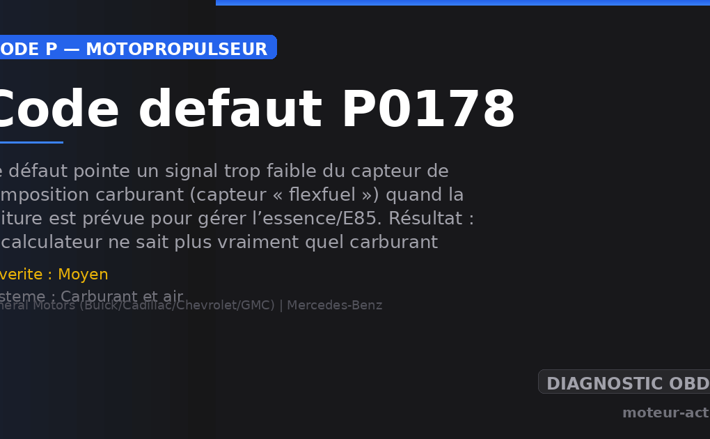 Code défaut P0178 : Ce défaut pointe un signal trop faible du capteur de composition carburant (capteur « flexfuel ») quand la voiture est prévue pour gérer l’essence/E85