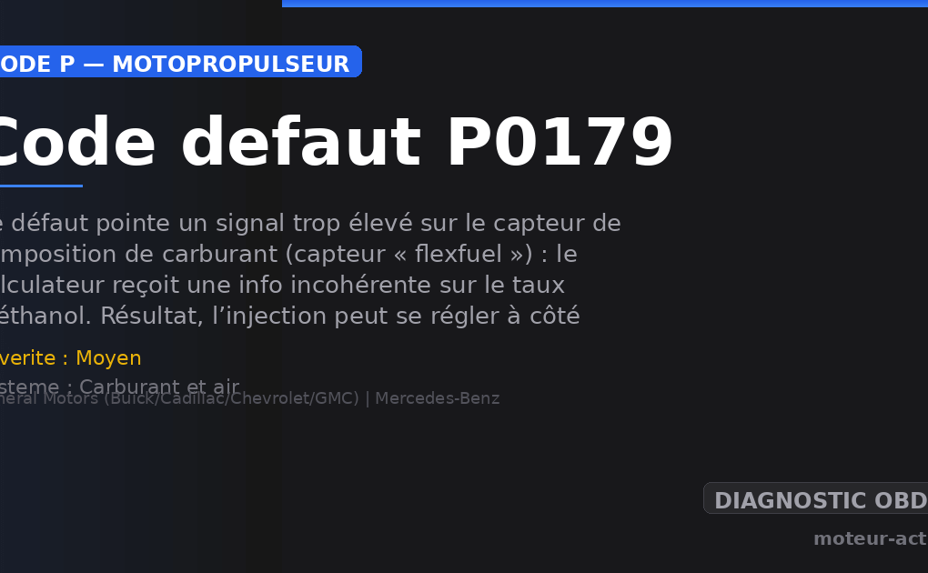 Code défaut P0179 : Ce défaut pointe un signal trop élevé sur le capteur de composition de carburant (capteur « flexfuel ») : le calculateur reçoit une info incohérente sur le taux d’éthanol