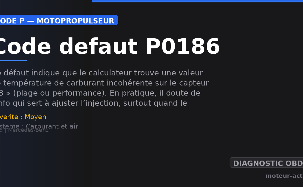 Code défaut P0186 : Ce défaut indique que le calculateur trouve une valeur de température de carburant incohérente sur le capteur « B » (plage ou performance)