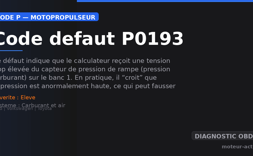 Code défaut P0193 : Ce défaut indique que le calculateur reçoit une tension trop élevée du capteur de pression de rampe (pression carburant) sur le banc 1