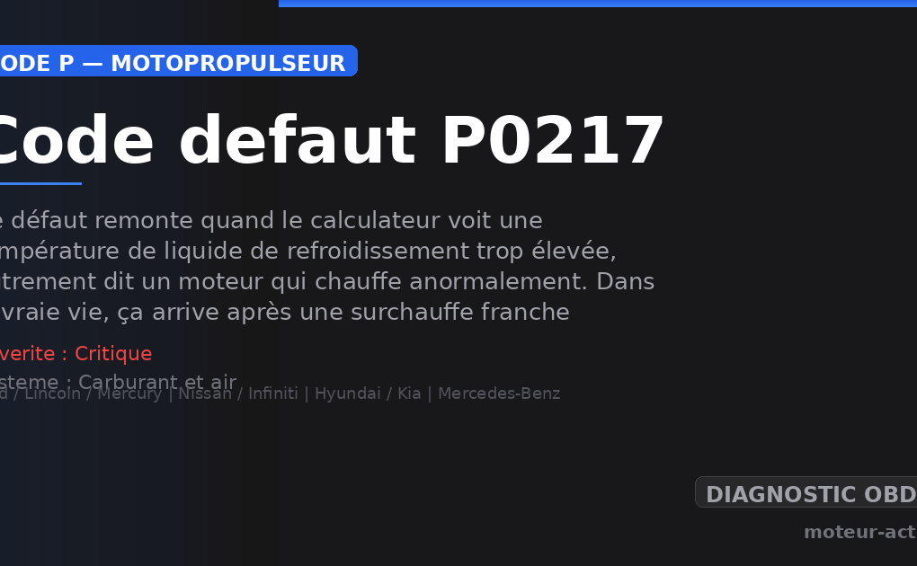 Code défaut P0217 : Ce défaut remonte quand le calculateur voit une température de liquide de refroidissement trop élevée, autrement dit un moteur qui chauffe anormalement