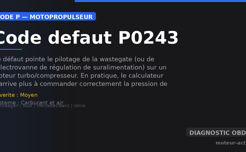 Code défaut P0243 : Ce défaut pointe le pilotage de la wastegate (ou de l’électrovanne de régulation de suralimentation) sur un moteur turbo/compresseur