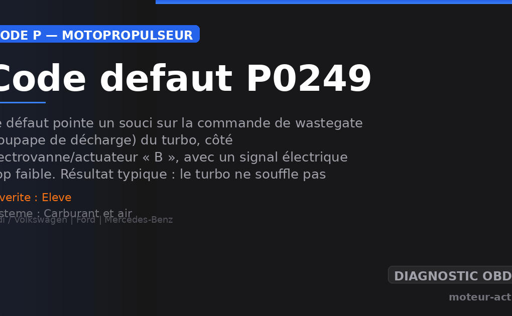 Code défaut P0249 : Ce défaut pointe un souci sur la commande de wastegate (soupape de décharge) du turbo, côté électrovanne/actuateur « B », avec un signal électrique trop faible