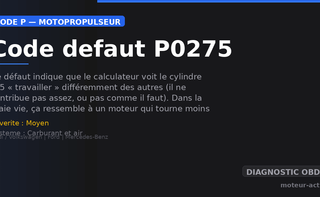 Code défaut P0275 : Ce défaut indique que le calculateur voit le cylindre n°5 « travailler » différemment des autres (il ne contribue pas assez, ou pas comme il faut)
