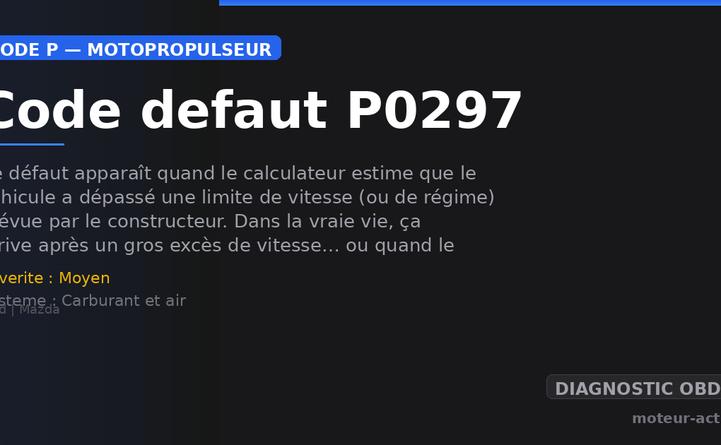 Code défaut P0297 : Ce défaut apparaît quand le calculateur estime que le véhicule a dépassé une limite de vitesse (ou de régime) prévue par le constructeur