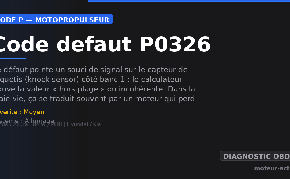 Code défaut P0326 : Ce défaut pointe un souci de signal sur le capteur de cliquetis (knock sensor) côté banc 1 : le calculateur trouve la valeur « hors plage » ou incohérente