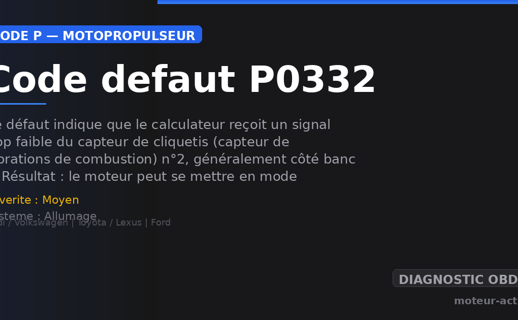 Code défaut P0332 : Ce défaut indique que le calculateur reçoit un signal trop faible du capteur de cliquetis (capteur de vibrations de combustion) n°2, généralement côté banc 2