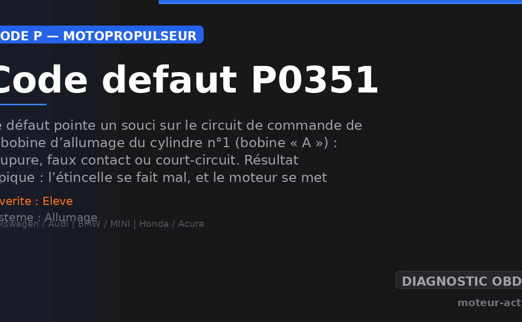 Code défaut P0351 : Ce défaut pointe un souci sur le circuit de commande de la bobine d’allumage du cylindre n°1 (bobine « A ») : coupure, faux contact ou court-circuit