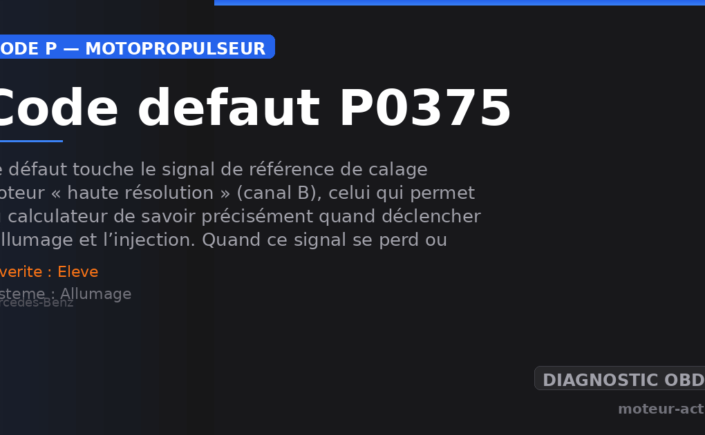 Code défaut P0375 : Ce défaut touche le signal de référence de calage moteur « haute résolution » (canal B), celui qui permet au calculateur de savoir précisément quand déclencher l’allumage et l’injection