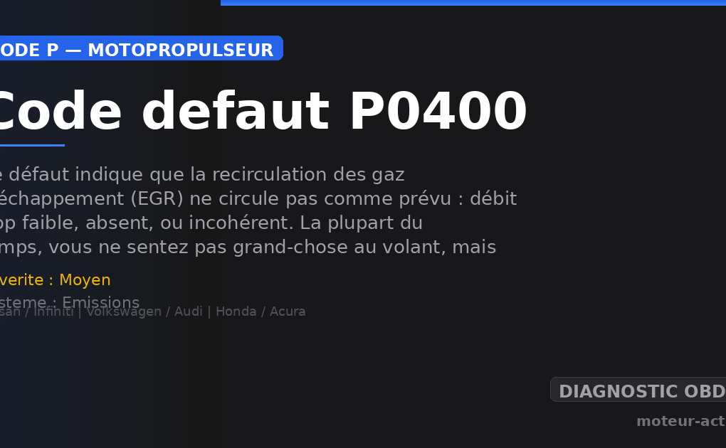 Code défaut P0400 : Ce défaut indique que la recirculation des gaz d’échappement (EGR) ne circule pas comme prévu : débit trop faible, absent, ou incohérent