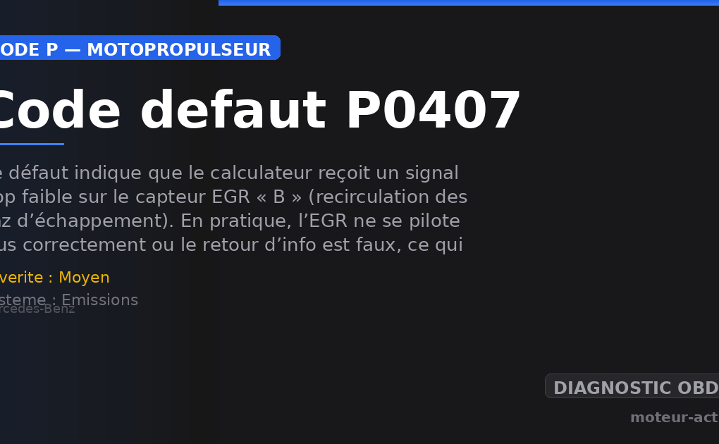Code défaut P0407 : Ce défaut indique que le calculateur reçoit un signal trop faible sur le capteur EGR « B » (recirculation des gaz d’échappement)