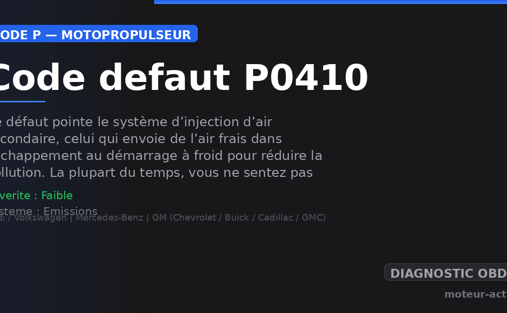 Code défaut P0410 : Ce défaut pointe le système d’injection d’air secondaire, celui qui envoie de l’air frais dans l’échappement au démarrage à froid pour réduire la pollution