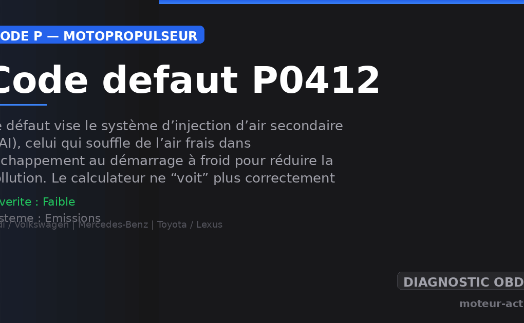 Code défaut P0412 : Ce défaut vise le système d’injection d’air secondaire (SAI), celui qui souffle de l’air frais dans l’échappement au démarrage à froid pour réduire la pollution