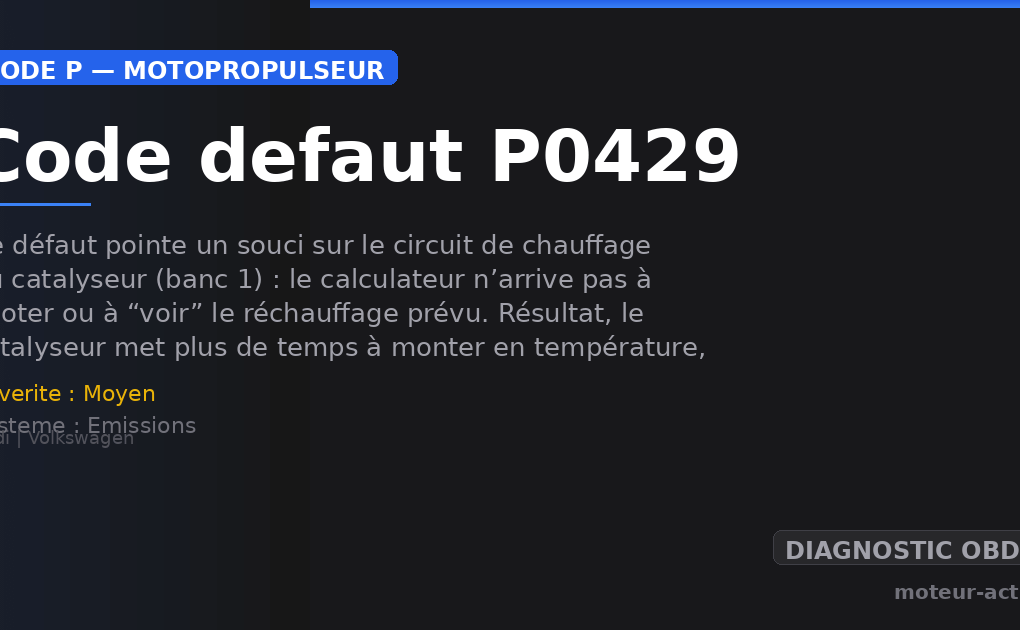 Code défaut P0429 : Ce défaut pointe un souci sur le circuit de chauffage du catalyseur (banc 1) : le calculateur n’arrive pas à piloter ou à “voir” le réchauffage prévu