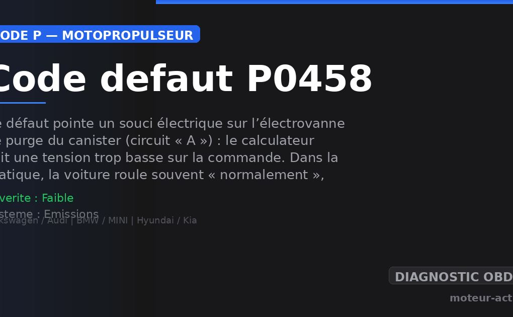 Code défaut P0458 : Ce défaut pointe un souci électrique sur l’électrovanne de purge du canister (circuit « A ») : le calculateur voit une tension trop basse sur la commande