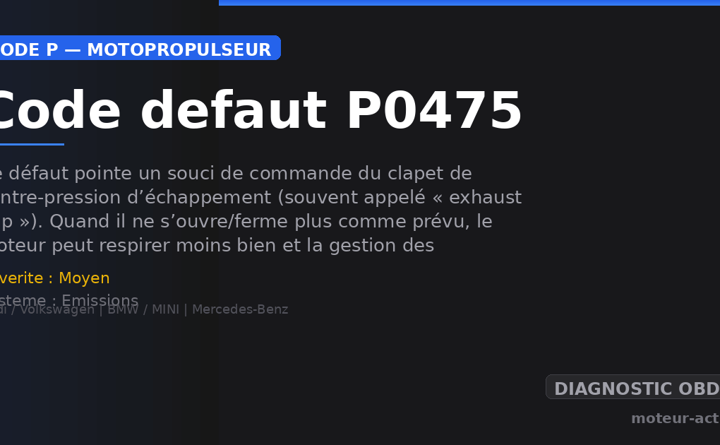 Code défaut P0475 : Ce défaut pointe un souci de commande du clapet de contre-pression d’échappement (souvent appelé « exhaust flap »)