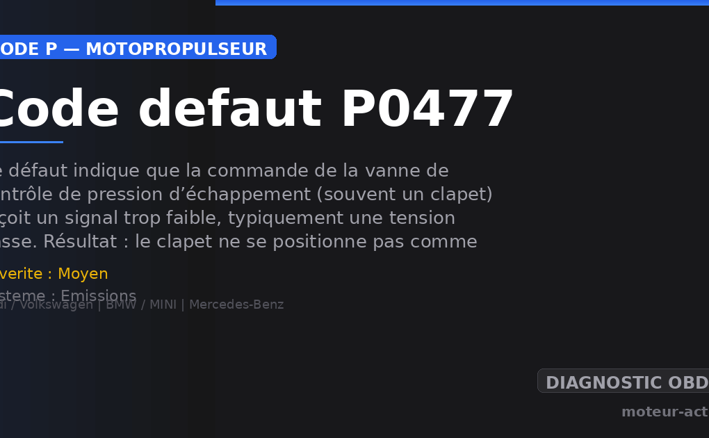 Code défaut P0477 : Ce défaut indique que la commande de la vanne de contrôle de pression d’échappement (souvent un clapet) reçoit un signal trop faible, typiquement une tension basse