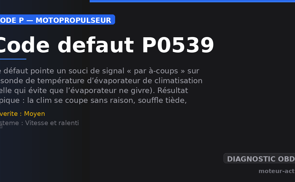 Code défaut P0539 : Ce défaut pointe un souci de signal « par à-coups » sur la sonde de température d’évaporateur de climatisation (celle qui évite que l’évaporateur ne givre)