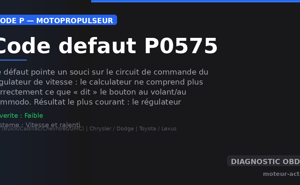 Code défaut P0575 : Ce défaut pointe un souci sur le circuit de commande du régulateur de vitesse : le calculateur ne comprend plus correctement ce que « dit » le bouton au volant/au commodo