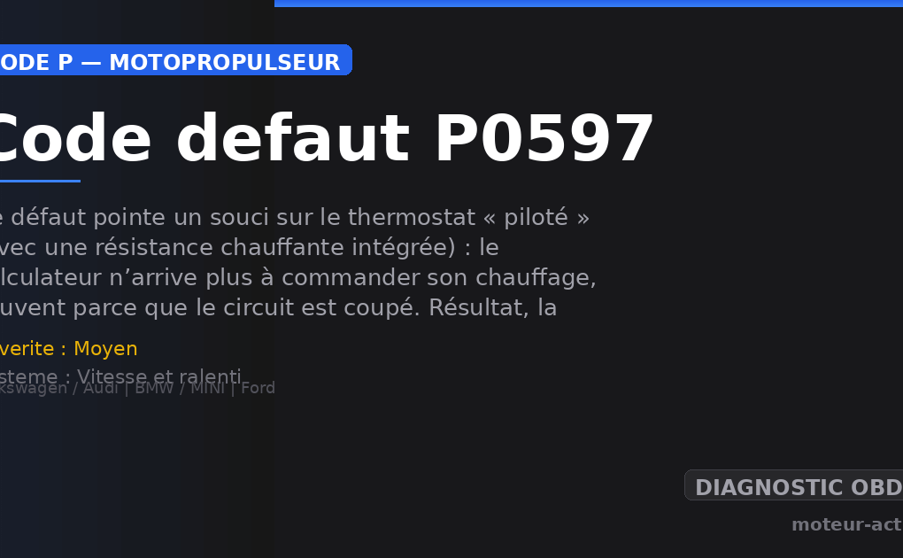 Code défaut P0597 : Ce défaut pointe un souci sur le thermostat « piloté » (avec une résistance chauffante intégrée) : le calculateur n’arrive plus à commander son chauffage, souvent parce que le circuit est coupé