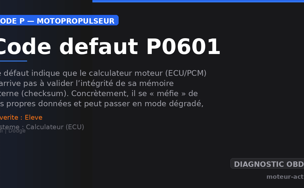 Code défaut P0601 : Ce défaut indique que le calculateur moteur (ECU/PCM) n’arrive pas à valider l’intégrité de sa mémoire interne (checksum)
