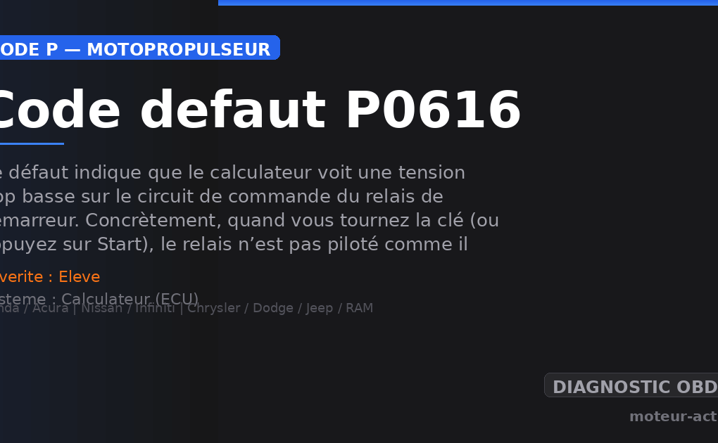 Code défaut P0616 : Ce défaut indique que le calculateur voit une tension trop basse sur le circuit de commande du relais de démarreur