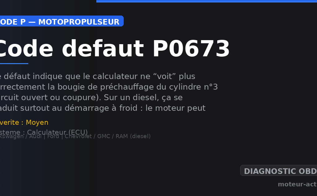 Code défaut P0673 : Ce défaut indique que le calculateur ne “voit” plus correctement la bougie de préchauffage du cylindre n°3 (circuit ouvert ou coupure)