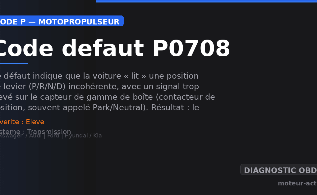 Code défaut P0708 : Ce défaut indique que la voiture « lit » une position de levier (P/R/N/D) incohérente, avec un signal trop élevé sur le capteur de gamme de boîte (contacteur de position, souvent appelé Park/Neutral)